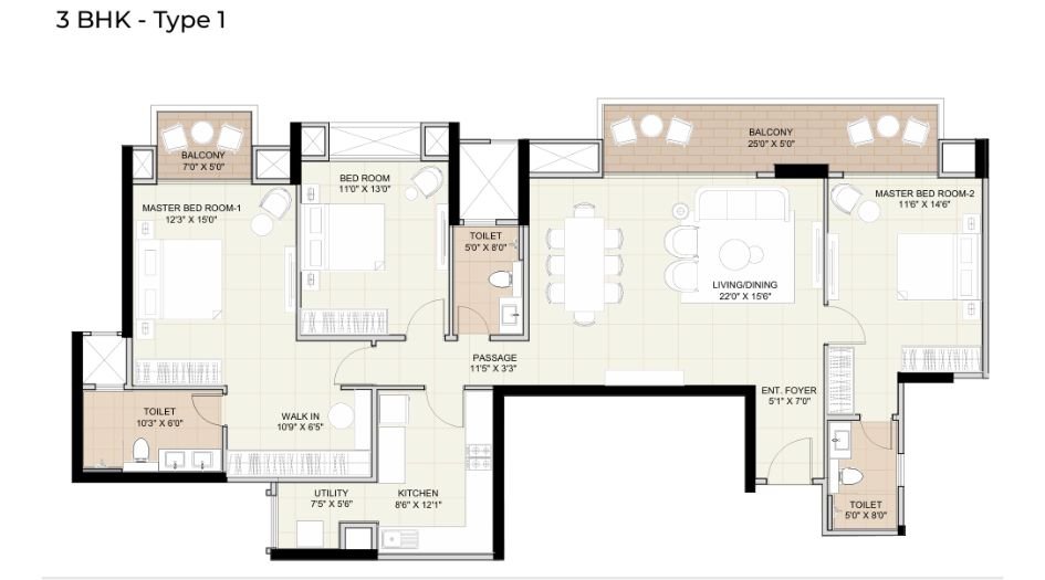 Hiranandani-Sands-Floor-Plan-3 BHK-1250 Sqft